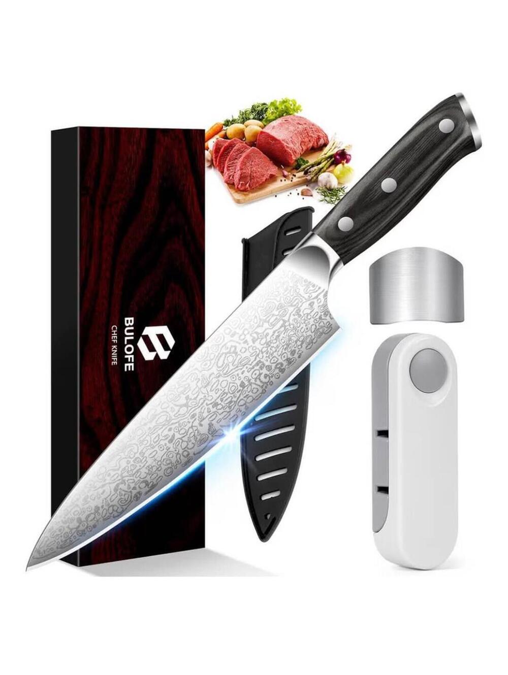 8" Chef Knife, High-Carbon Stainless Steel, Sharpener, Guard - New in Box